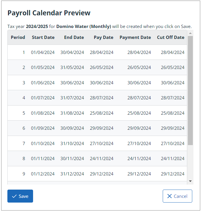 Payroll Calendar Preview showing dates for the new year